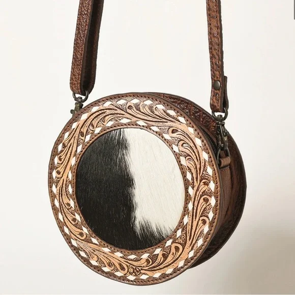 Western Bag Round Cowhide & Tooled Leather Canteen Bag On-hide Circle Bag - Picture 3 of 6